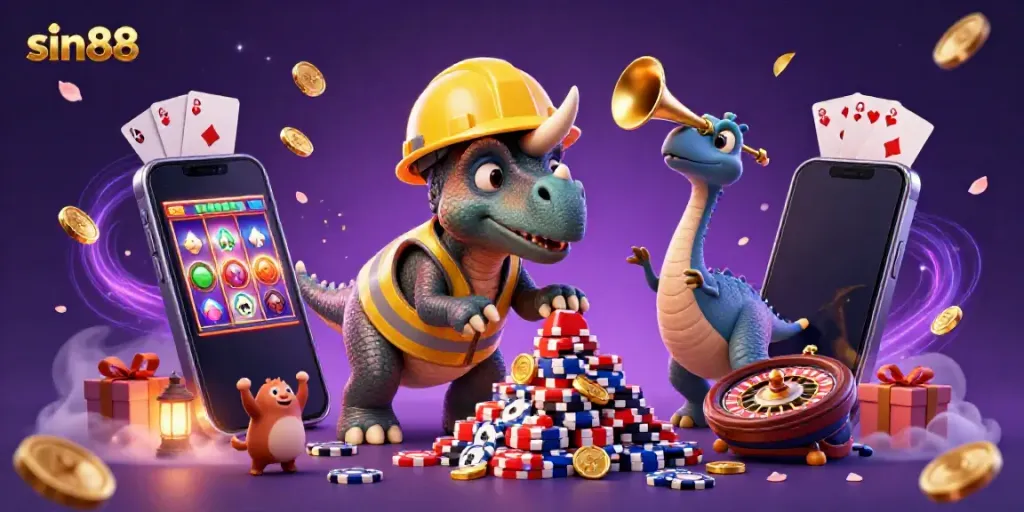Win big with sin88 in this vibrant illustration of a triceratops and friends celebrating their casino victories.