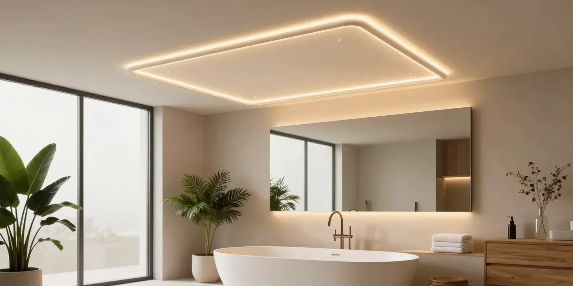 Infrarotheizung Decke beleuchtet elegant ein modernes Badezimmer mit sleekem Design.