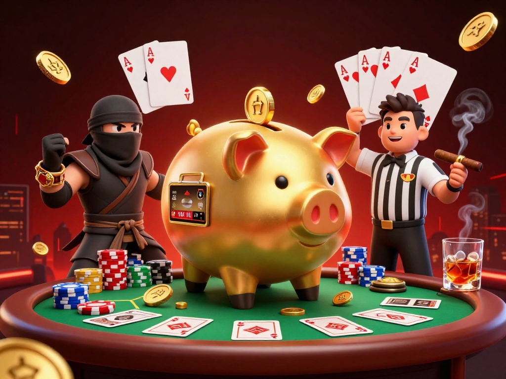 Win big at b52 club with a thrilling gaming scene featuring golden piggy bank and poker excitement.