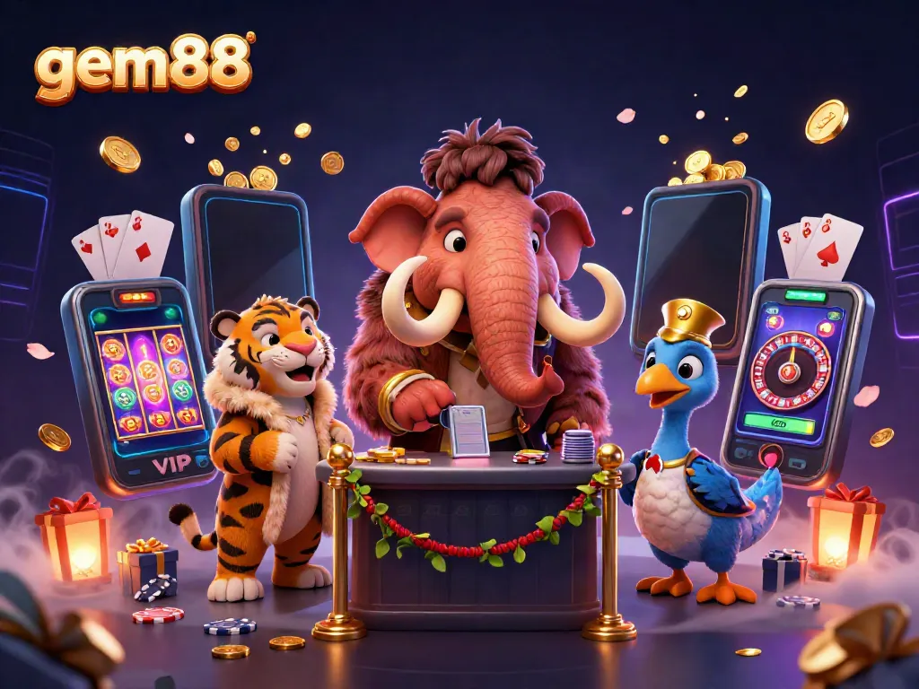 Experience thrilling gaming at gem88 with a vibrant 3D scene featuring a mammoth bouncer, saber-tooth VIP, and dodo doorman.