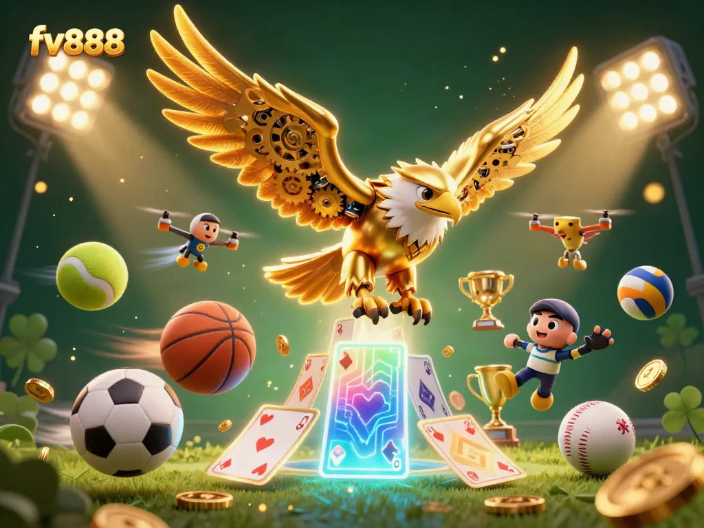 Experience the thrill of fv888 with a dynamic scene featuring a golden eagle and energizing sports elements.