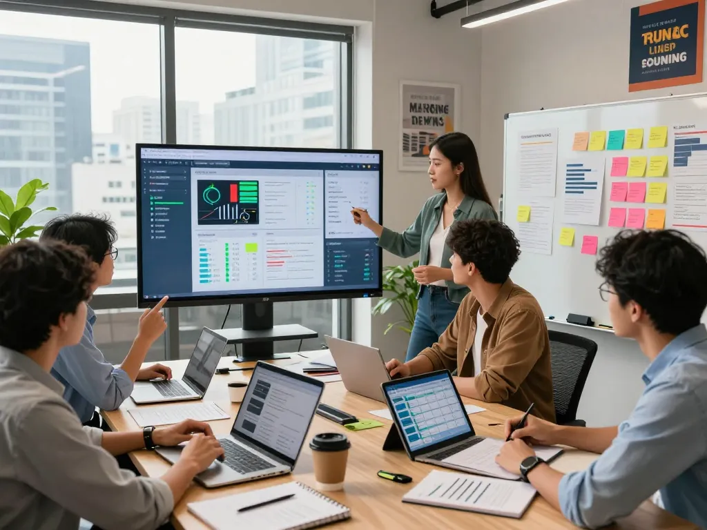 Team collaborating on digital marketing strategies at https://7mvna.com/ in a vibrant office setting.