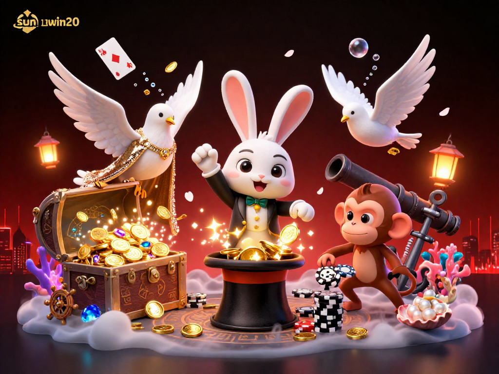Experience the thrill of sunwin20 with a magician, dove, and monkey in a vibrant casino scene.