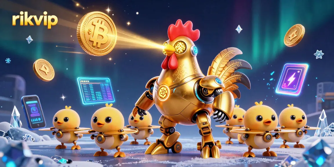 Engage with rikvip's dynamic digital gaming scene featuring a golden rooster robot and crypto elements.