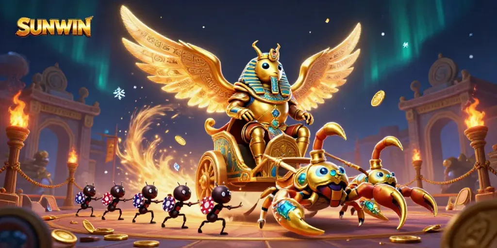 Experience the excitement of SUNWIN with a vibrant 3D casino illustration showcasing a majestic scarab and gambling elements.