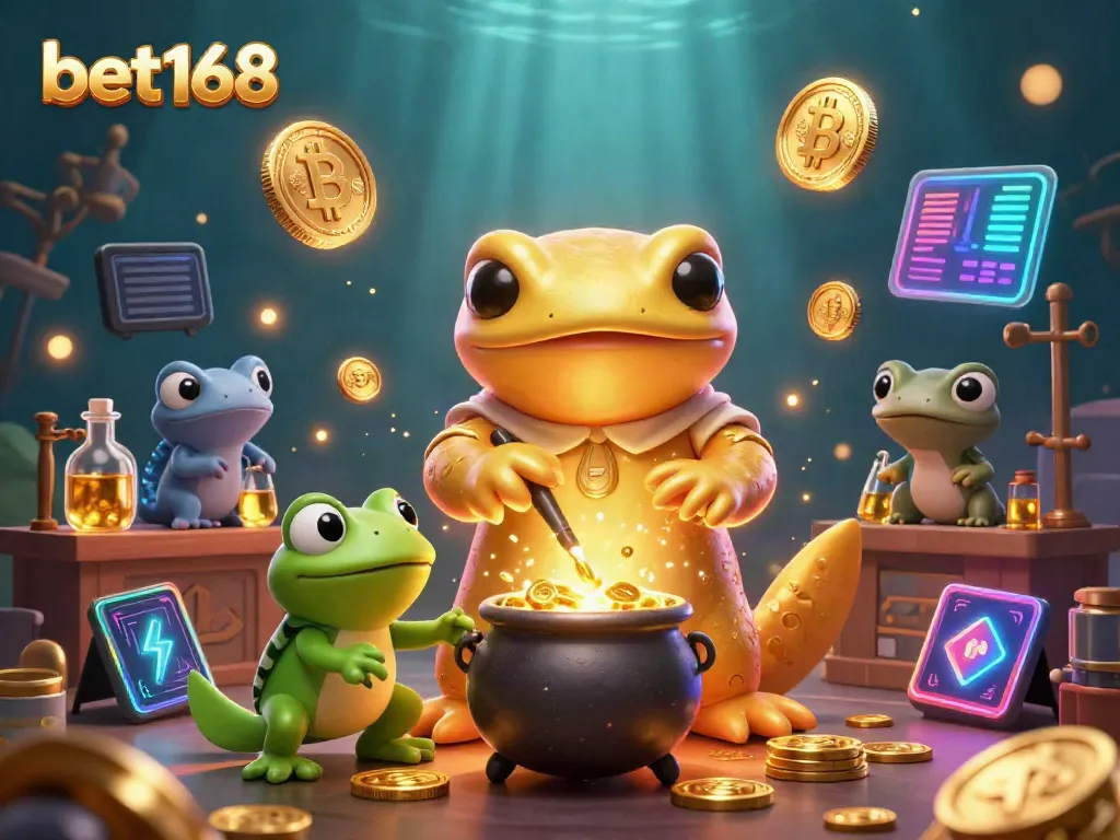 Engage with bet168's thrilling golden casino experience through a captivating scene of alchemists and crypto elements.