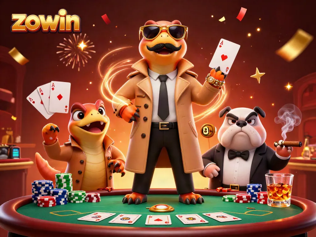 Experience a thrilling casino scene with ZOWIN, where cartoon raptors attempt a clever disguise at a VIP lounge.