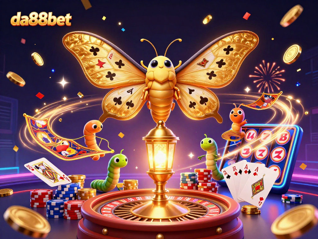 Experience exciting gameplay with da88bet's vibrant casino atmosphere featuring golden moths and sparkling gems.