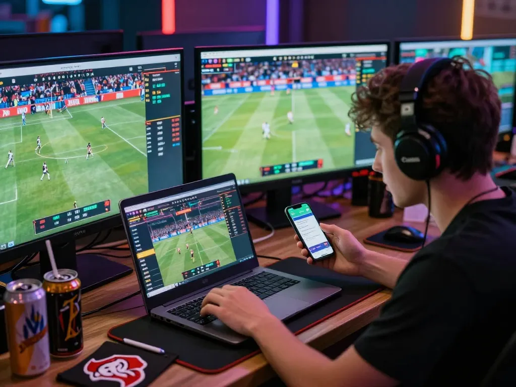 Exciting zbet online sports betting setup with live events and enthusiastic player in action