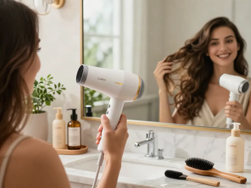 Frau nutzt den Laifen Föhn in einem eleganten Badezimmer, um ihr Haar zu stylen, umgeben von Beauty-Produkten und warmem Licht.