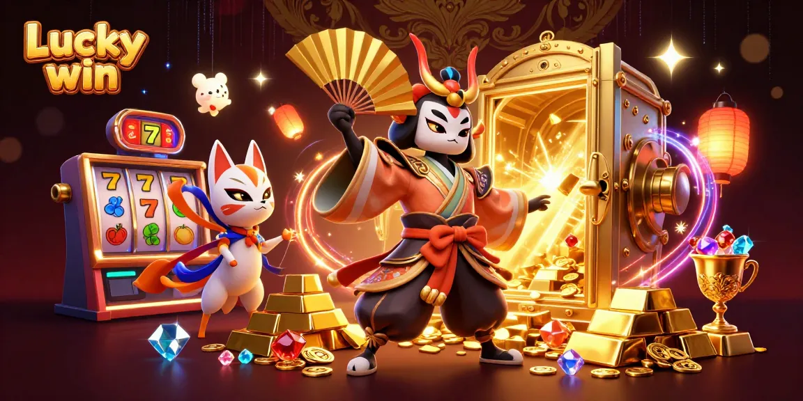 Experience the thrill of a Lucky win in this vibrant casino 3D digital artwork with interactive slot reels.