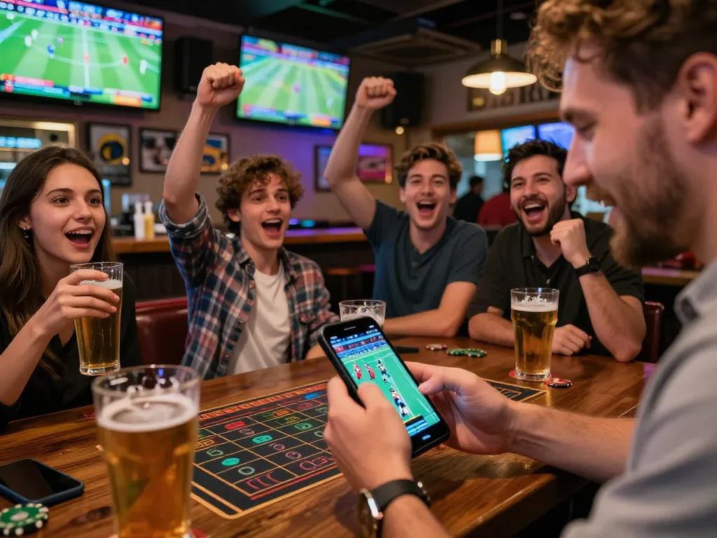 Excited bettors placing wagers on smartphones at OPEN88 in a lively sports bar during a live game.