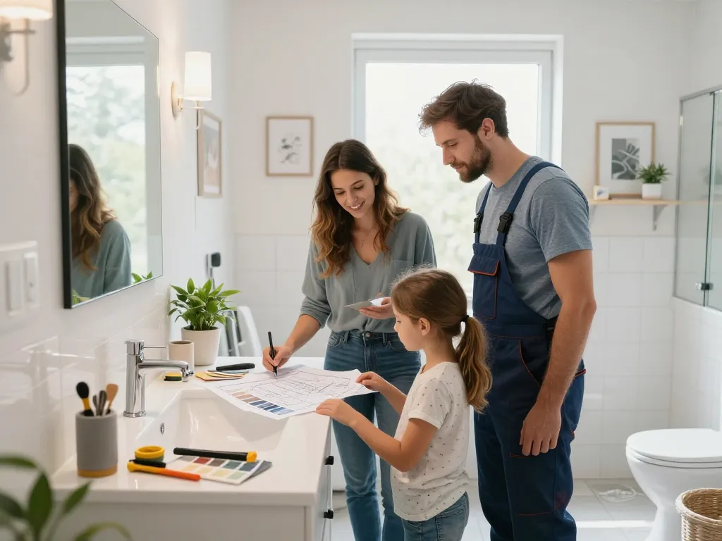 Badsanierung Prozess in einem modernen Badezimmer mit einer Familie, die Pläne bespricht.