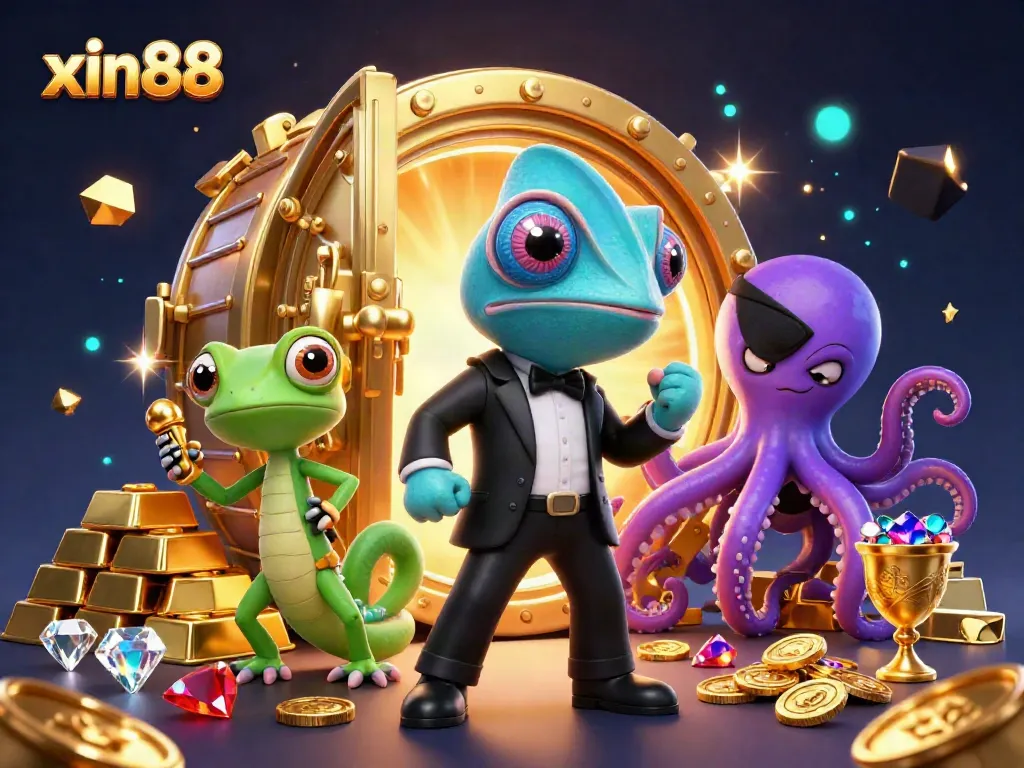 Experience the excitement of xin88 with a 3D illustration of characters at a treasure vault, ready to win big!