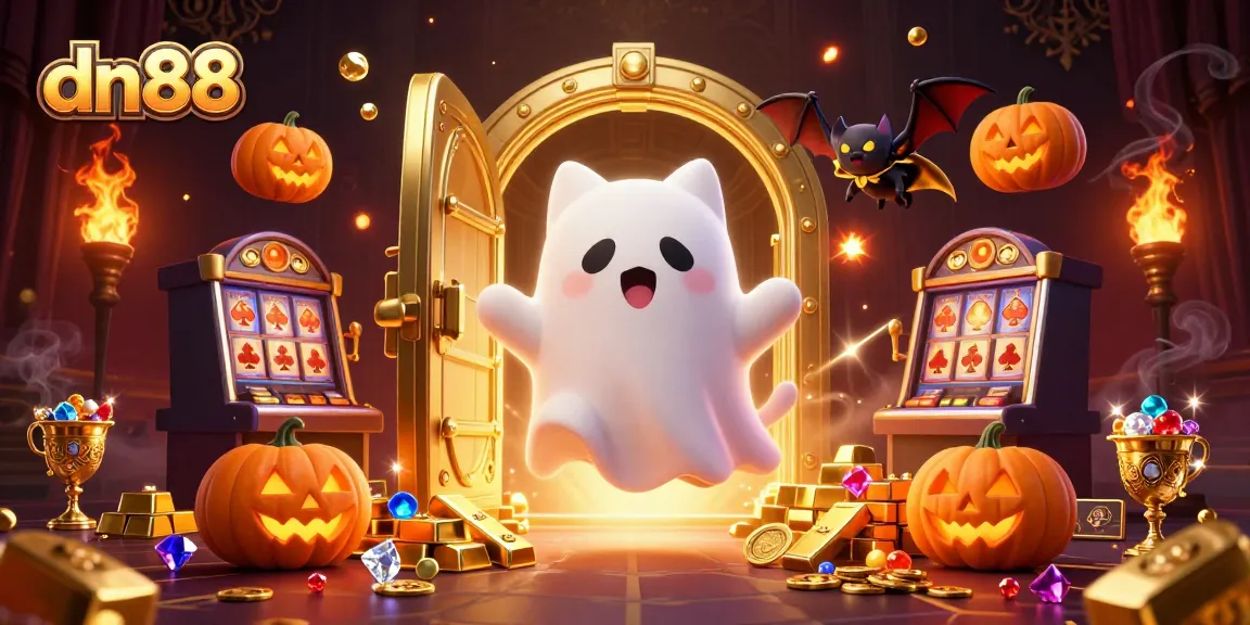 Experience thrilling gaming at dn88 with a ghost cat and bat in a rich casino scene.