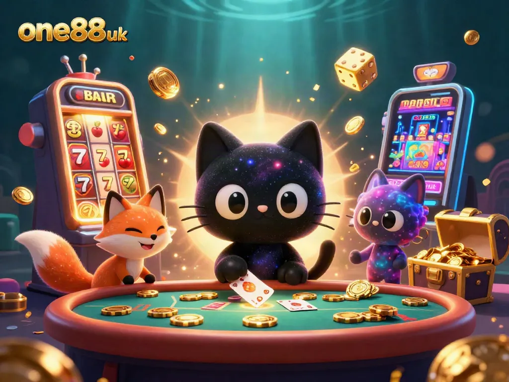 Engaging scene of one88uk with a cosmic casino dynamic featuring a black hole cat and nebula fox in the center.