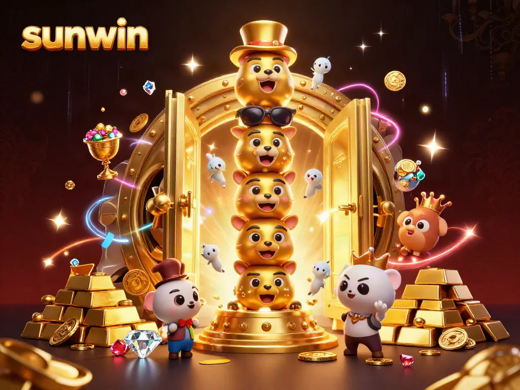 Engage in exciting wins at sunwin with 3D totem pole surrounded by treasure and casino elements.