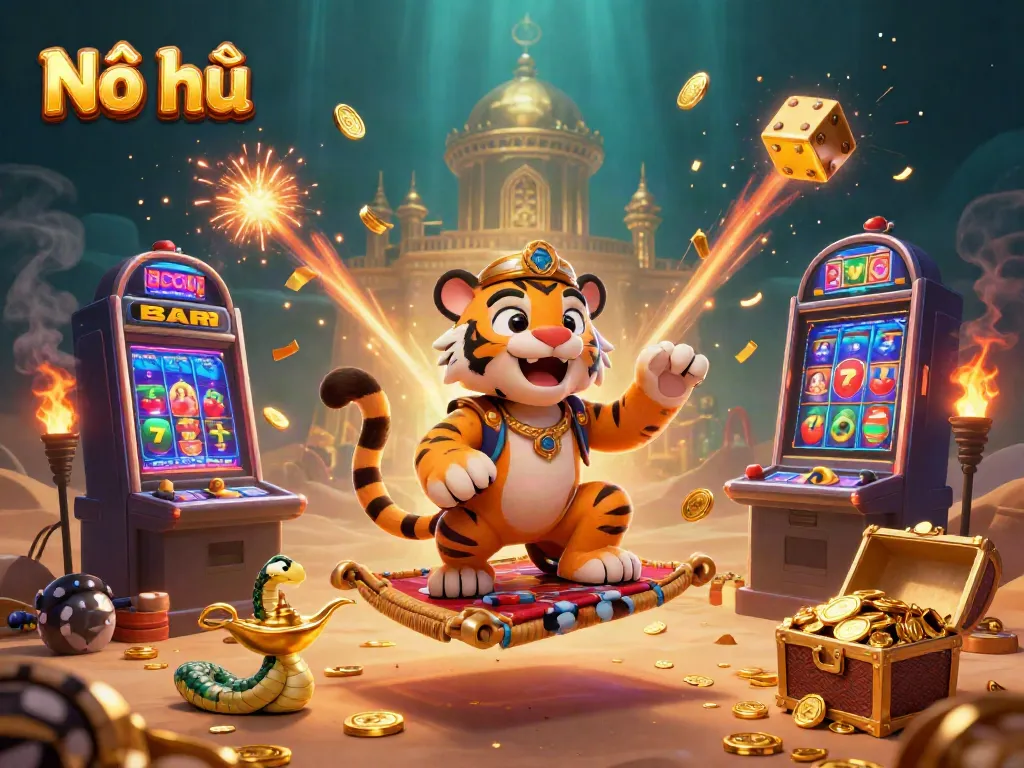Experience the thrill of Nổ hũ with our dynamic 3D casino illustration showcasing vibrant slot elements and characters.