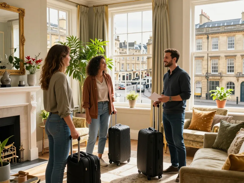 Engaging scene illustrating Airbnb management in Bath, with a host welcoming guests in a beautifully styled Georgian apartment, showcasing hospitality.