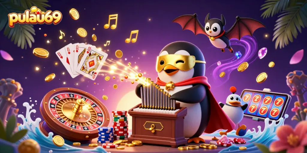 Experience pulau69's exciting casino action with the penguin organist and vibrant gaming elements.
