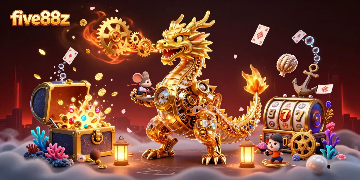 Experience thrilling gameplay and adventure with five88z in a vibrant casino-themed illustration.