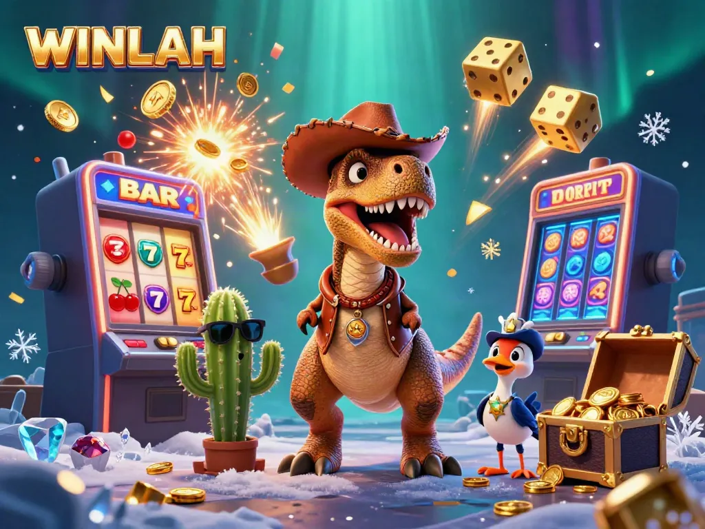 Experience the excitement of WINLAH with a colorful jackpot scene featuring slot machine elements and animated characters.