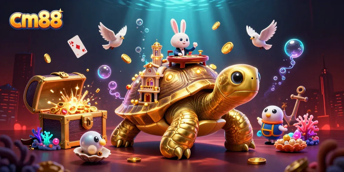 Spin the reels at cm88 with a gold tortoise casino, rabbit dealer, and floating coins.