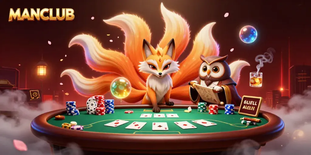 Engage with MANCLUB's vibrant poker scene featuring a magical fox and wise owl amidst casino elements.