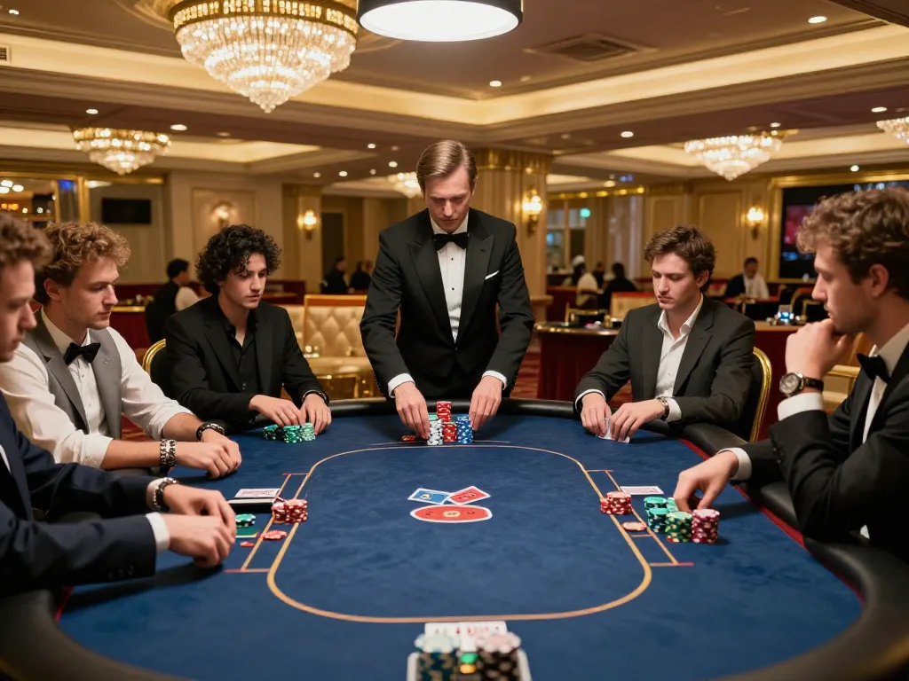 Players strategize and bet during an intense go99 poker game at a luxurious casino.