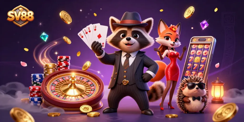 Experience thrilling gameplay and winning rewards at SV88 with vibrant casino elements and captivating characters.