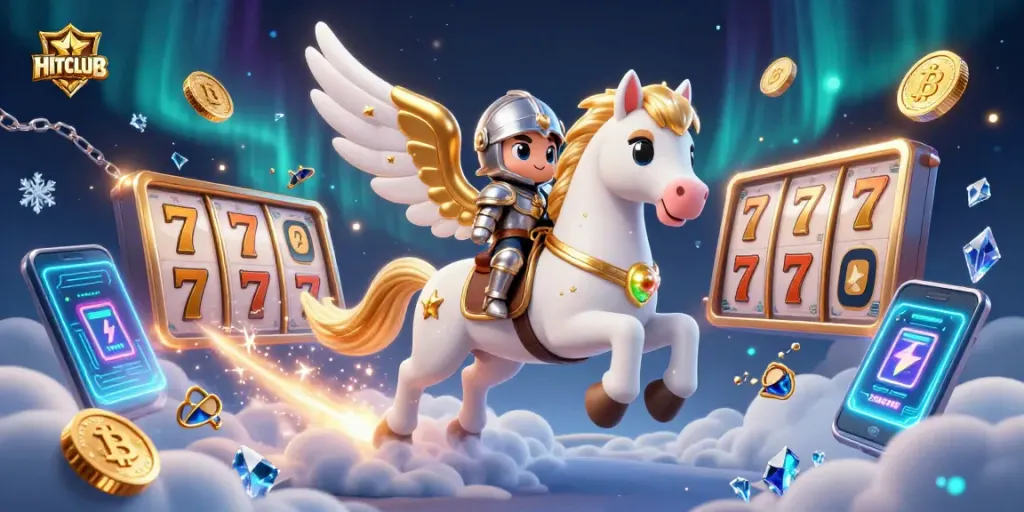 Engage with HITCLUB’s thrilling slot experience featuring a celestial horse, knight, and vibrant game elements.