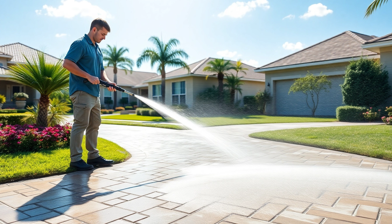Driveway pressure wash in progress, showcasing professional cleaning of concrete surfaces in Kissimmee.