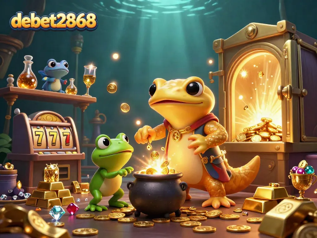 Engage with debet2868 through a vibrant 3D scene featuring golden alchemists and slot elements.