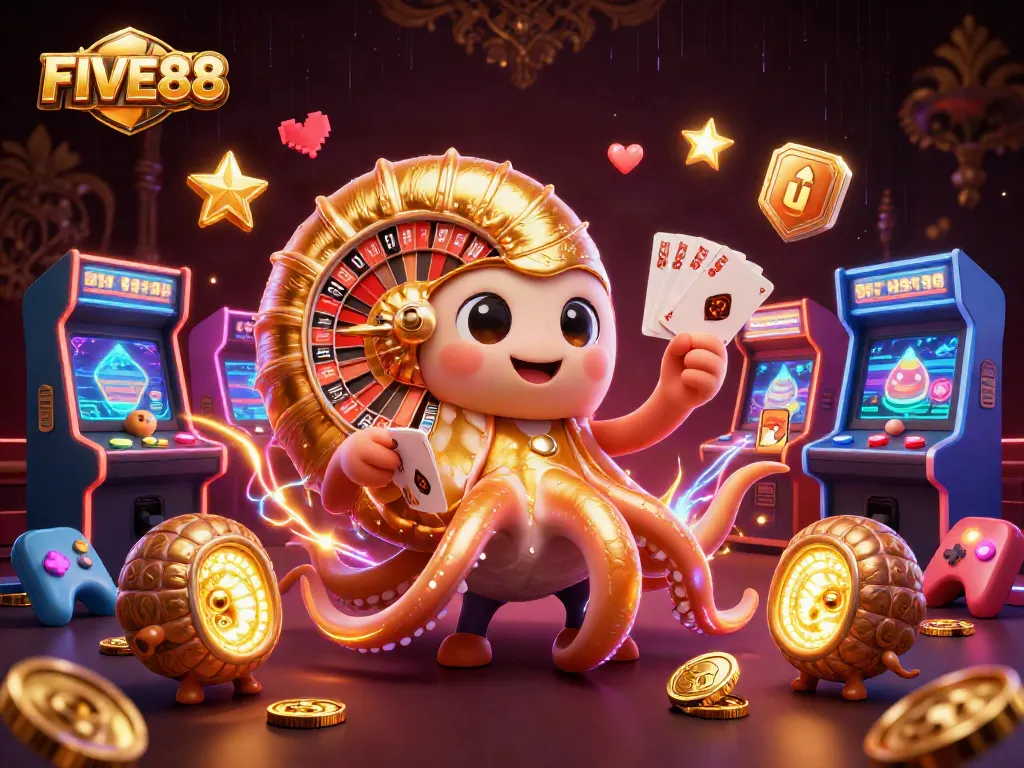 Engage with FIVE88 through a vibrant casino scene featuring a giant nautilus roulette wheel and glowing game elements.