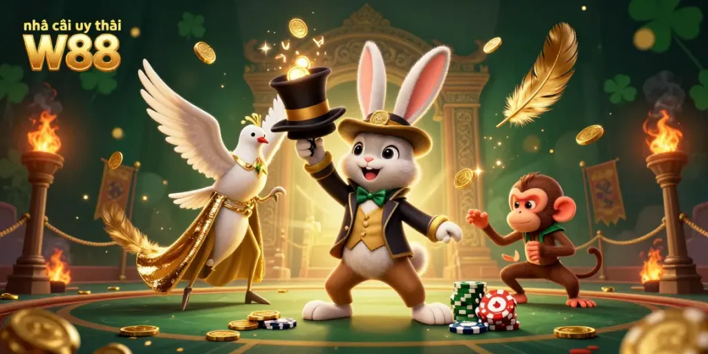 Experience gaming magic with Nhà cái uy tín W88's dynamic 3D illustration featuring a magician and playful characters.