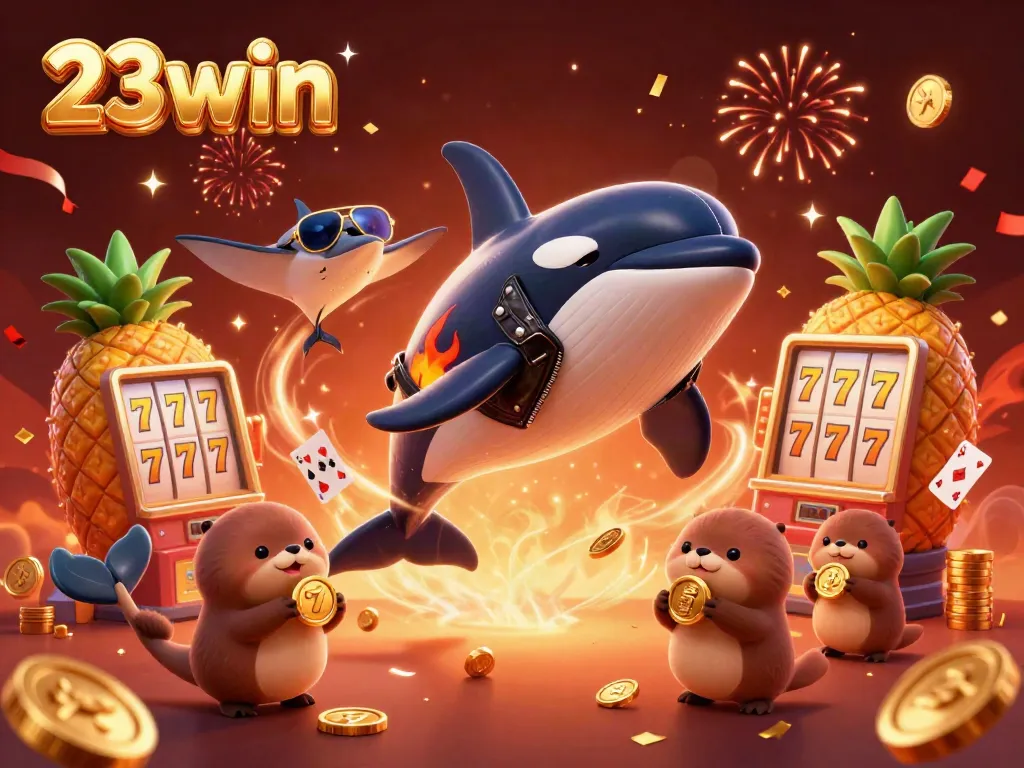 Join the fun at 23win with colorful slot machines, orca whale, and otters celebrating!