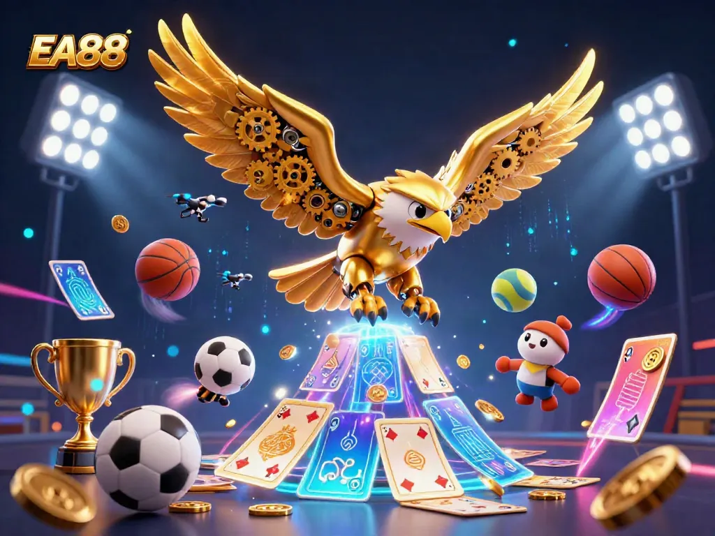 EA88 soaring profits with a cybernetic golden eagle amidst holographic playing cards and sports elements.