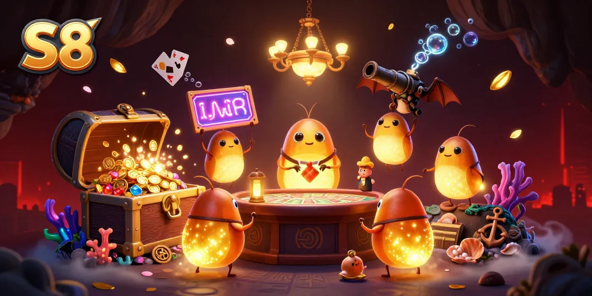 S8 illuminates a vibrant casino scene with glowworm characters and a bat dealer amid treasures and cards.