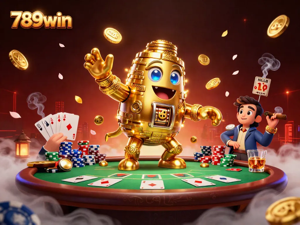 Experience the exciting world of 789win with its vibrant casino scene, showcasing a golden golem and poker elements.