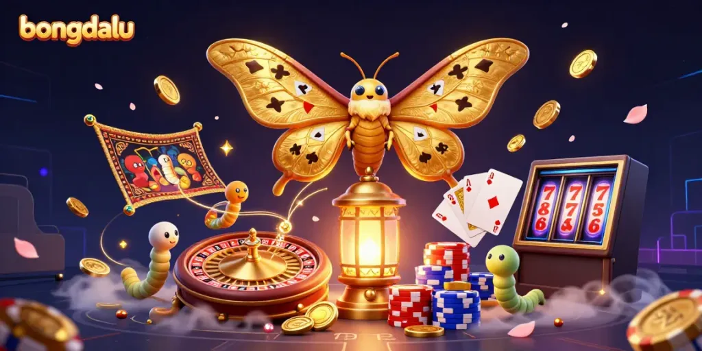 Bongdalu presents a vibrant 3D scene with an atlas moth and casino elements spinning fortunes.