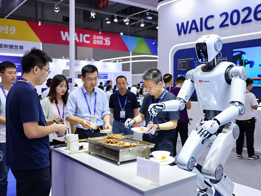 Exciting WAIC 2026 robotics event showcasing Robot24 innovations with humanoid robots preparing food and demonstrating AI.
