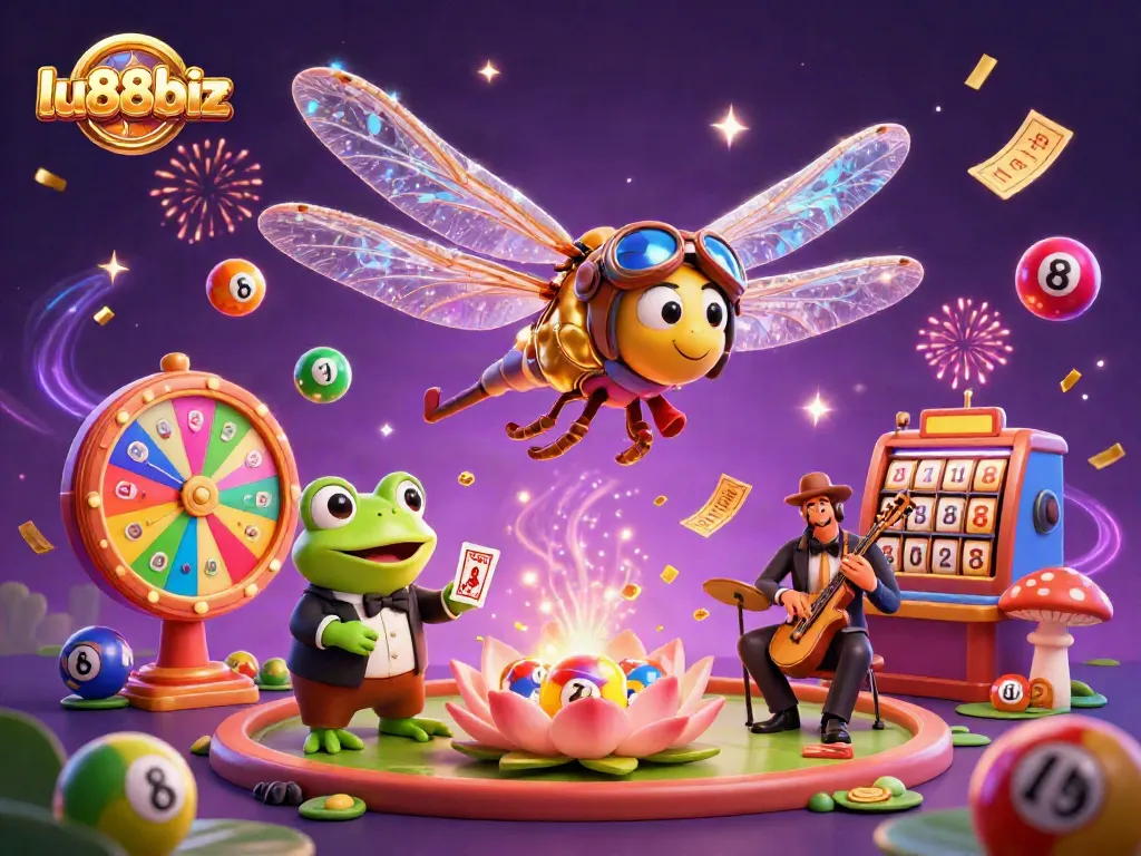 Join the fun at lu88biz, where a dragonfly pilot and frog croupier create an exciting casino atmosphere.