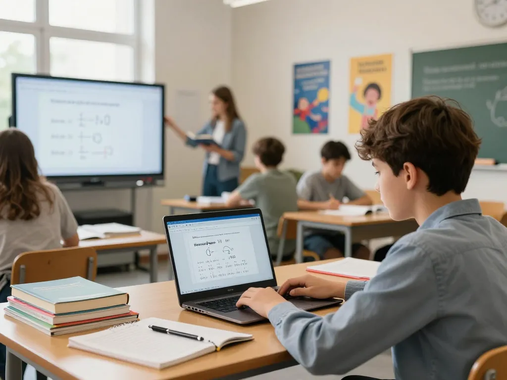 Student, der mit Hausaufgaben Löser-Software in einem modernen Klassenzimmer beschäftigt ist.