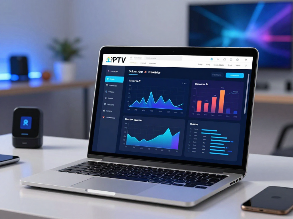 IPTV reseller panel interface showcasing advanced subscription management tools and analytics in a professional tech setting.