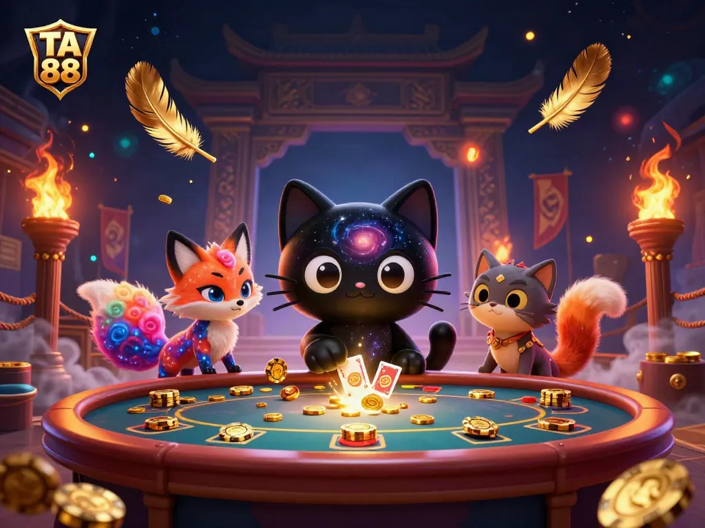 Experience dynamic gameplay at TA 88 with captivating cosmic casino elements, golden chips, and enchanting characters.