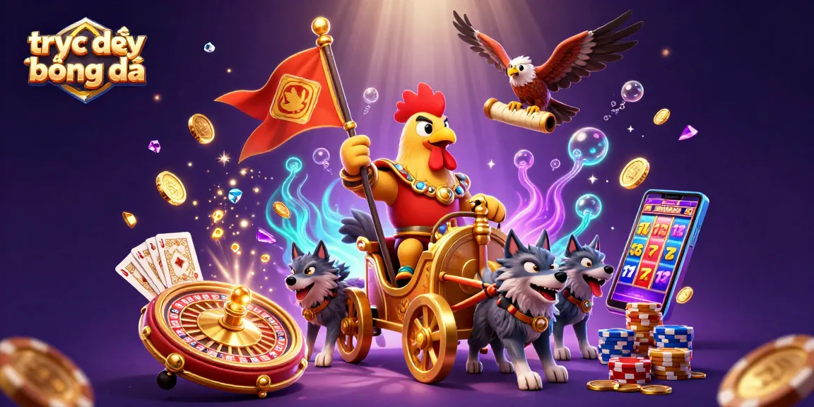 Experience thrilling trực tiếp bóng đá action with a dynamic 3D scene of a warrior, coins, and gaming elements.