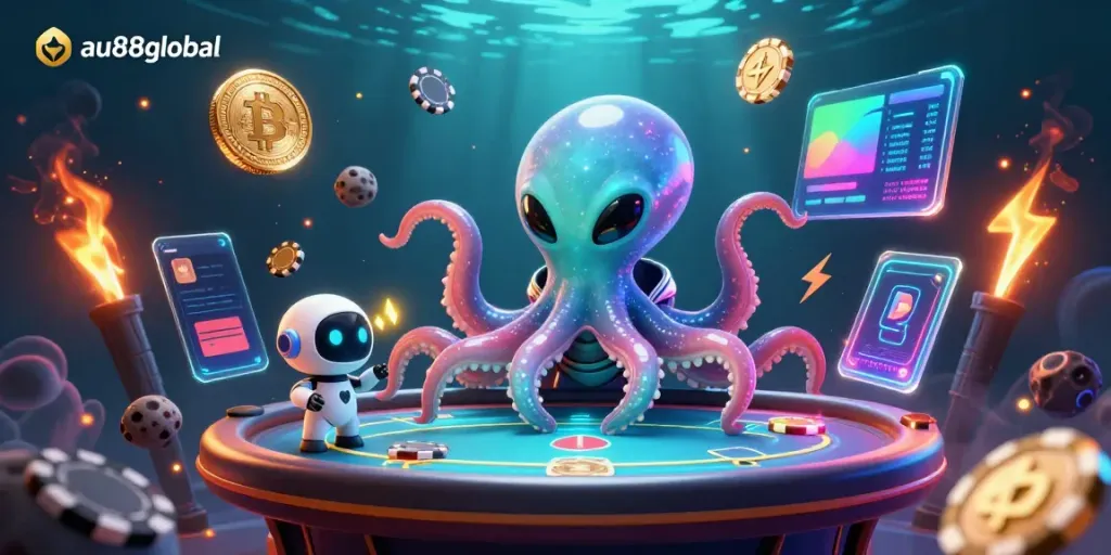 Experience thrilling casino action with au88global's alien octopus and poker table in space.