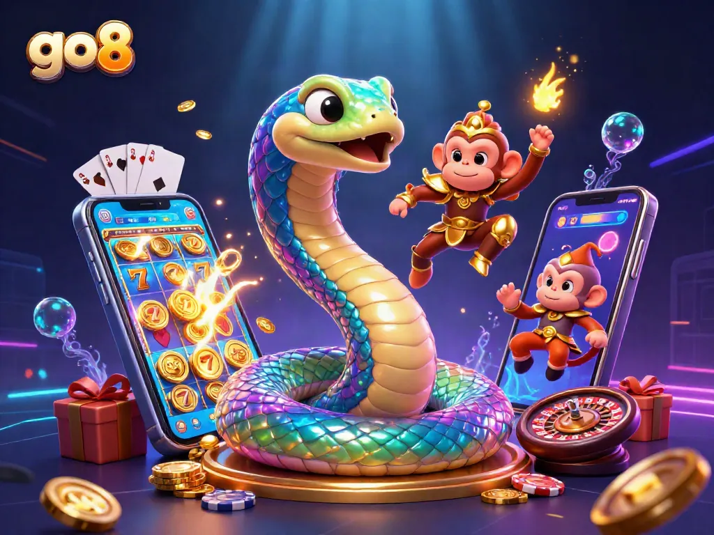 Play colorful slot games with lucky 7s and jackpots at go8, surrounded by vibrant casino elements.