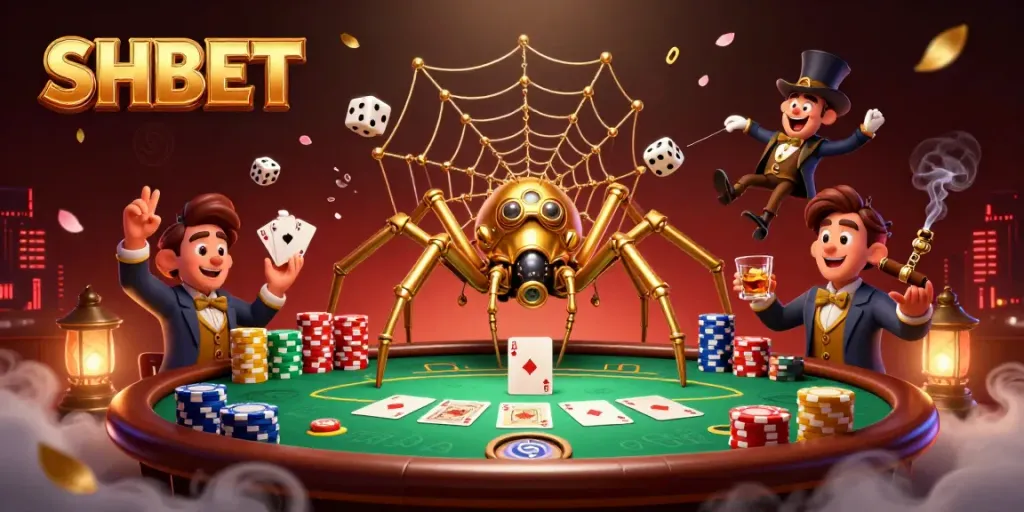Experience SHBET with a vibrant, dynamic 3D casino scene featuring a golden spider and poker elements.