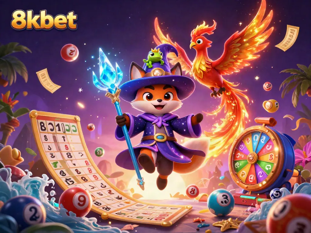 Experience thrilling games at 8xbet with a captivating mystical casino scene showcasing lottery elements.